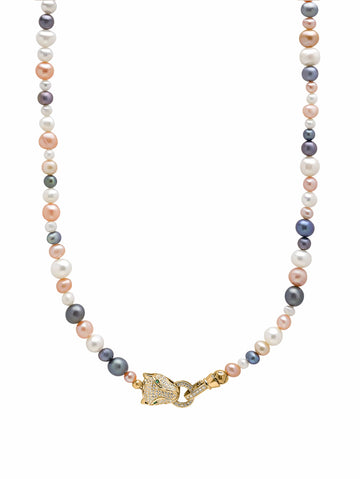 Nialaya Men's Necklace Multi-Colored Pearl Necklace with Gold Plated Panther Head Lock 20 Inches / 50.8 cm MNEC_252